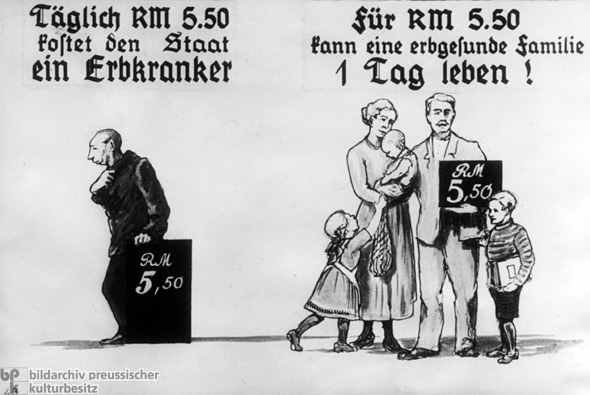Vergleich der täglichen Lebenshaltungskosten für einen Erbkranken und für eine erbgesunde Familie (aus der Dia-Serie „Blut und Boden”) (um 1935)